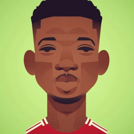 Illustration of an adult male with dark hair and red jersey against a lime green background; the style is geometric and blocky.