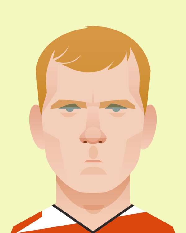 Illustration of an adult male with fair skin and red hair, wearing a white and red shirt, against a yellow background in an indoor setting.