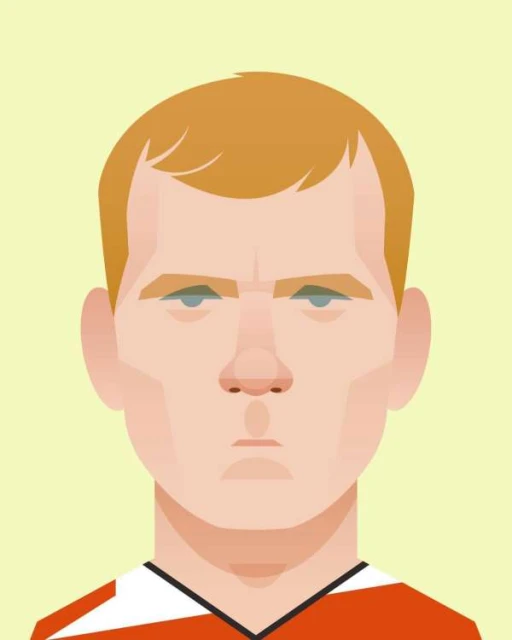 Illustration of an adult male with fair skin and red hair, wearing a white and red shirt, against a yellow background in an indoor setting.