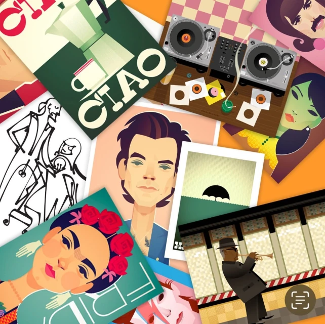 Collection of colorful vector art posters featuring people, objects, and text, ideal for creative projects and artistic themes.