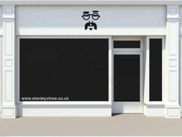 Exterior of a building with a blacked-out storefront and a logo of a face above the storefront window, along with a website address below.