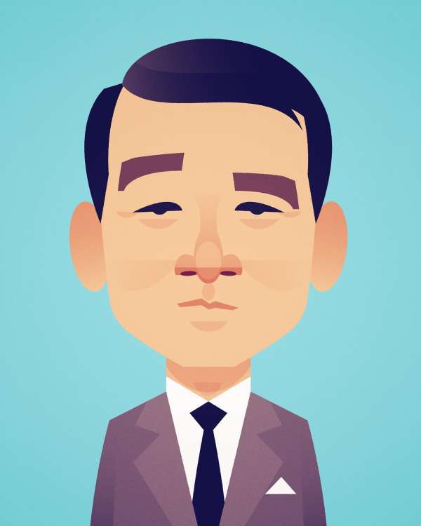 Digital illustration of a man in a grey suit and dark tie against a light blue background by Stan Chow