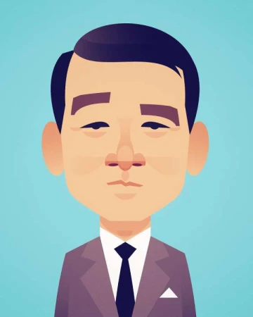Digital illustration of a man in a grey suit and dark tie against a light blue background by Stan Chow