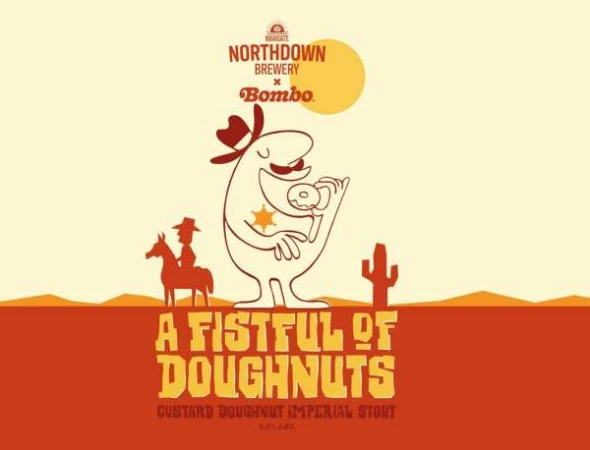 Illustration of a cartoon cowboy character holding a doughnut, against a desert backdrop with the words 'A Fistful of Doughnuts'.