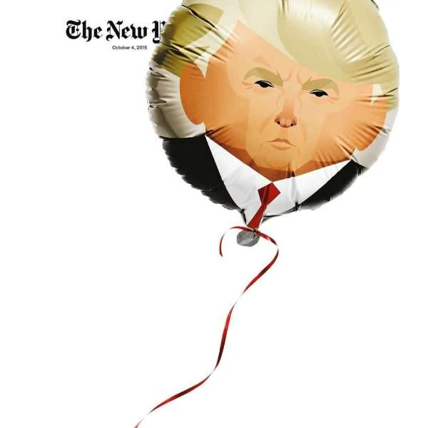 Conceptual illustration of a balloon with Donald Trump's face, a black suit and red tie on a white background.