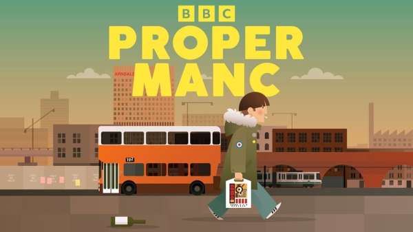 Illustration of a man walking with a bag in a cityscape with a double-decker bus and buildings in the background.