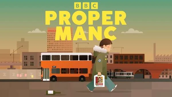 Illustration of a man walking with a bag in a cityscape with a double-decker bus and buildings in the background.