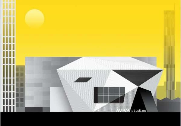 Geometric architectural illustration of a building with angular design, set against a yellow sky and surrounding cityscape.
