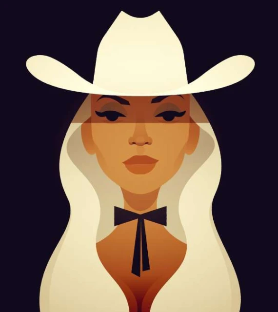 Illustration of a woman wearing a white cowboy hat and black bow tie against a dark background in a modern vector style.