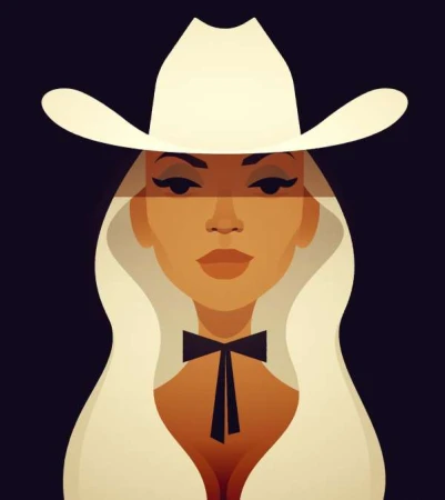 Illustration of a woman wearing a white cowboy hat and black bow tie against a dark background in a modern vector style.