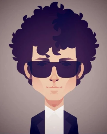 Digital character illustration by Stan Chow featuring a stylized person with dark curly hair and sunglasses against a solid grey gradient background