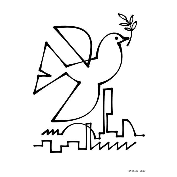Black and white line art illustration of a dove holding an olive branch, flying above a cityscape on a white background.