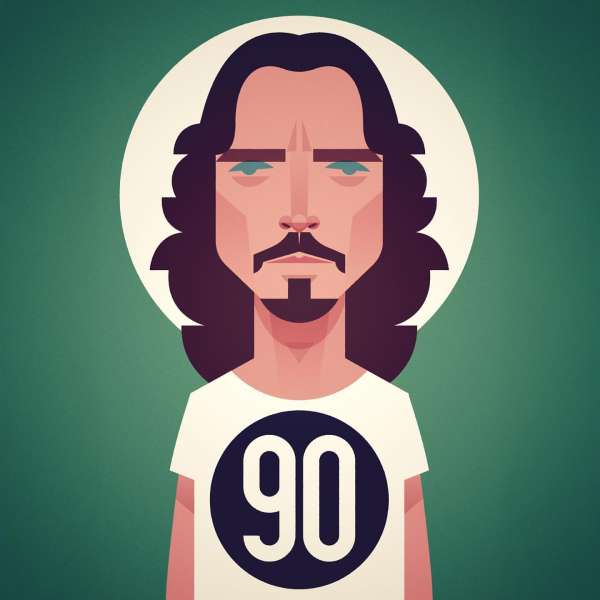 Digital illustration portrait of a man with long dark hair and a goatee wearing a white t-shirt with a large 90 graphic against green.
