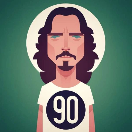 Digital illustration portrait of a man with long dark hair and a goatee wearing a white t-shirt with a large 90 graphic against green.