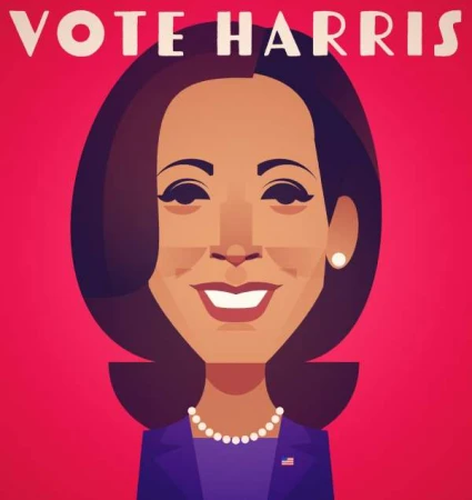 Illustration of Kamala Harris, wearing a blue suit and pearl necklace, with the text 'Vote Harris' against a pink background.