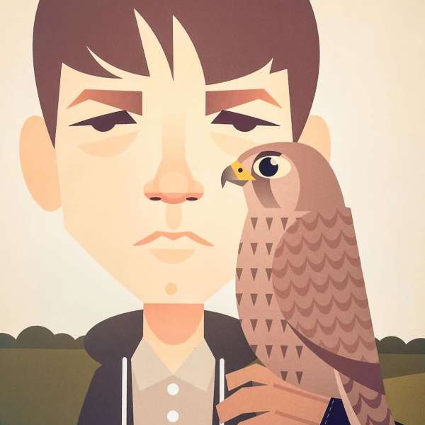 Illustration of a young man with short brown hair and a bird of prey perched on his arm, set against a neutral background.