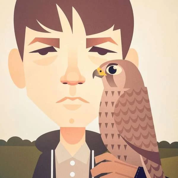 Illustration of a young man with short brown hair and a bird of prey perched on his arm, set against a neutral background.