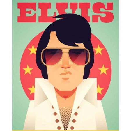 Illustration of Elvis Presley wearing tinted aviator sunglasses and a white jumpsuit against a teal background with yellow stars.