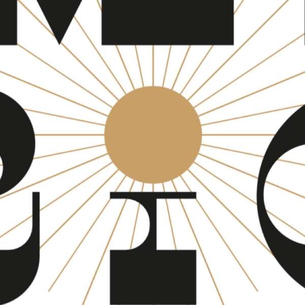 Abstract graphic design featuring black geometric shapes and a gold circle, accented by fine gold radiating lines against a white background.