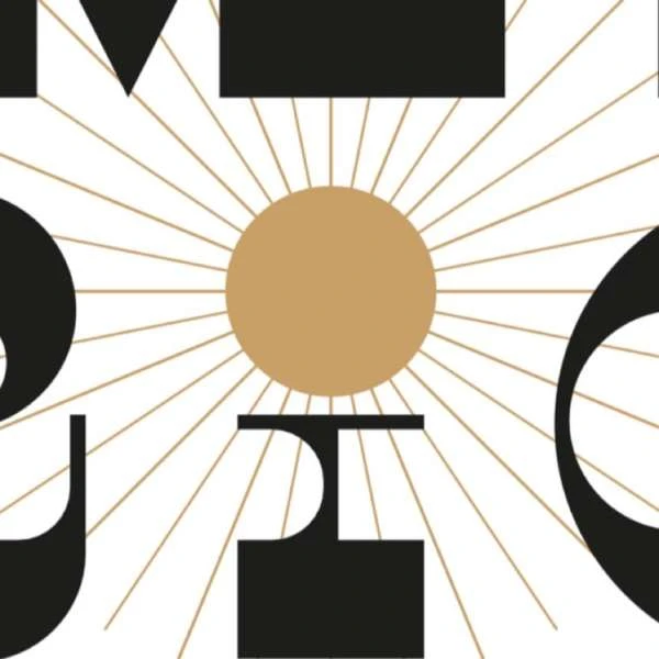 Abstract graphic design featuring black geometric shapes and a gold circle, accented by fine gold radiating lines against a white background.