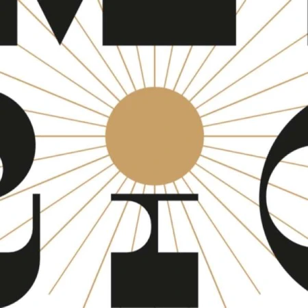 Abstract graphic design featuring black geometric shapes and a gold circle, accented by fine gold radiating lines against a white background.
