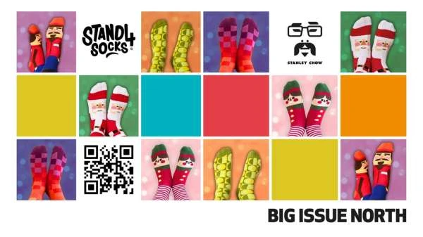 Collage of vibrant patterned socks, Standl+ Socks logo, Stanley Chow logo, QR code, and Big Issue North branding arranged in a grid.