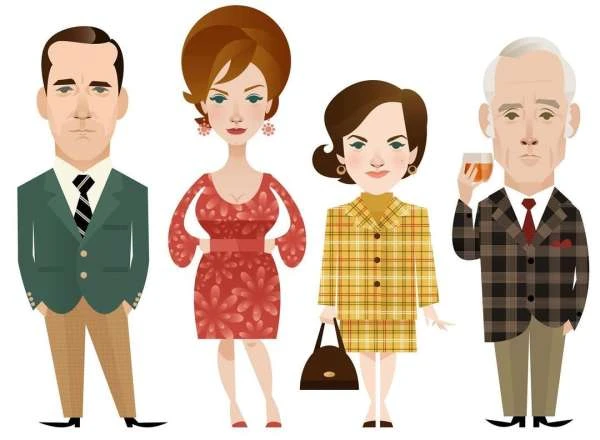 Illustration of four cartoon people, two men and two women, wearing retro clothing. One man is holding a glass.