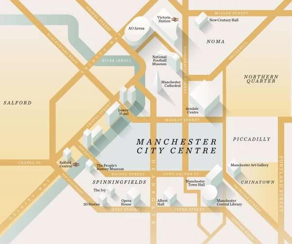 Illustrated map of Manchester City Centre, Salford, Spinningfields, Piccadilly, and Northern Quarter with key buildings highlighted.