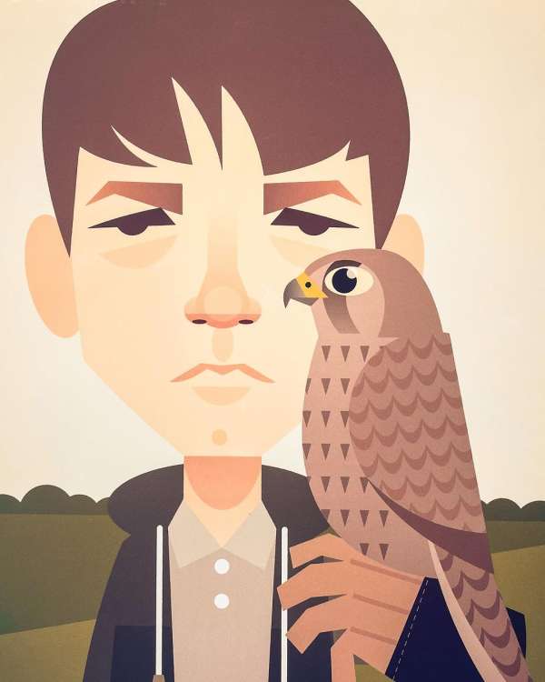 Illustration of a person and a falcon against a field and pale background, in a flat, geometric, modern design.