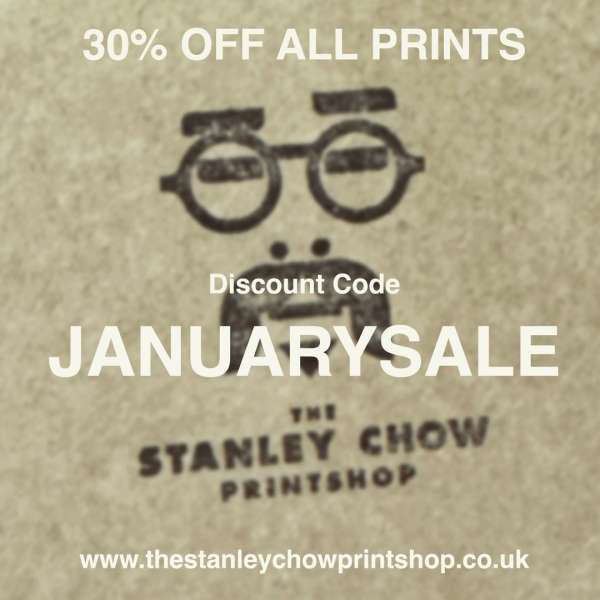 Graphic design on tan paper background featuring a minimalist icon, promotional text for a January sale, and a website address.
