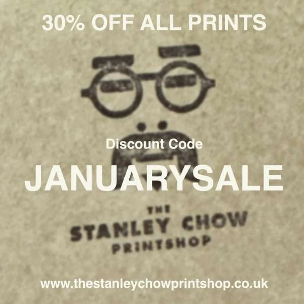 Graphic design on tan paper background featuring a minimalist icon, promotional text for a January sale, and a website address.