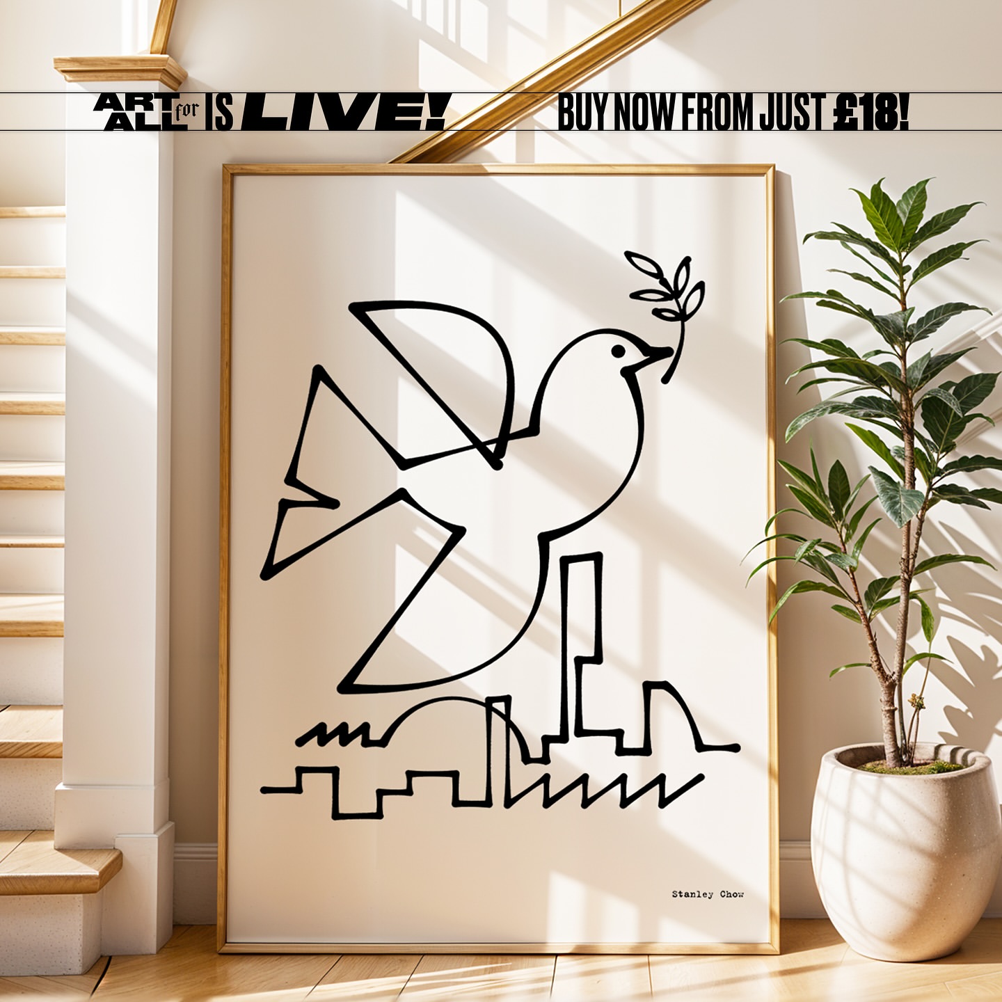 Modern line art print featuring a dove with an olive branch over a cityscape, framed in gold and displayed next to a potted plant.