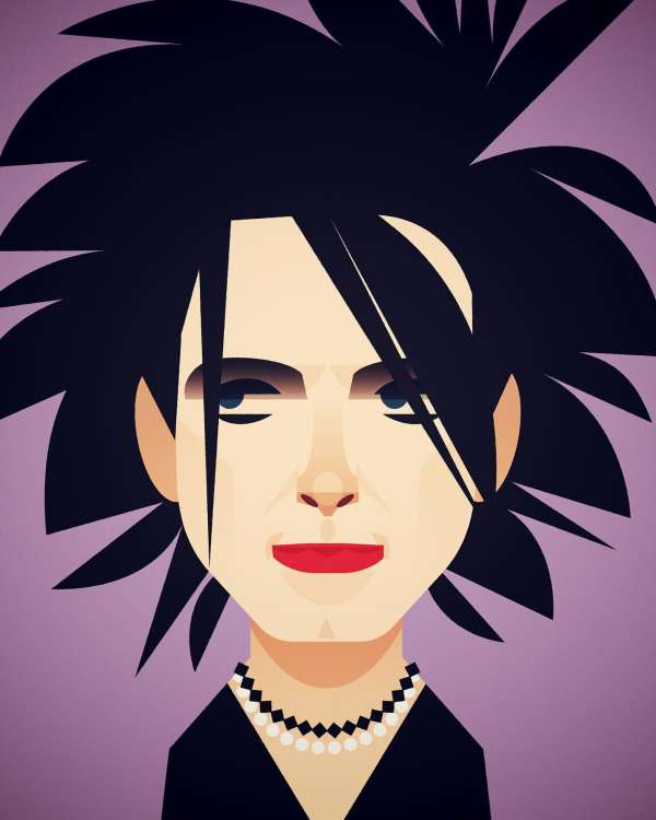 Illustration of a person with dark, spiky hair, fair skin, red lips, and a pearl necklace against a light purple background.