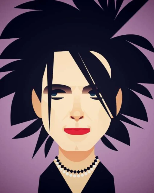 Illustration of a person with dark, spiky hair, fair skin, red lips, and a pearl necklace against a light purple background.