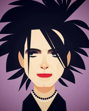 Illustration of a person with dark, spiky hair, fair skin, red lips, and a pearl necklace against a light purple background.