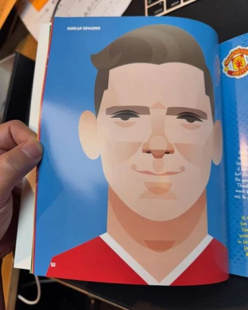 Illustrated portrait of a man in a red and white jersey against a blue background, by illustrator Stan Chow.