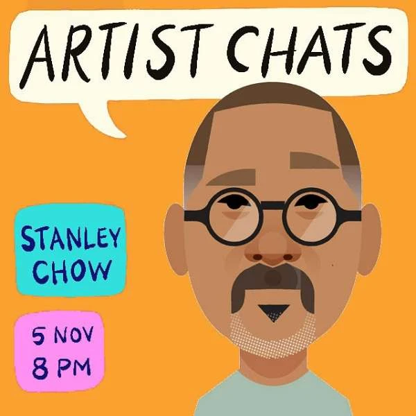 Illustration for Artist Chats featuring Stanley Chow; shows a stylized portrait with eyeglasses, mustache, and an orange background.