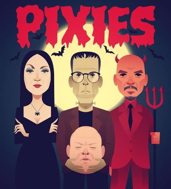 Illustration features Pixies band members as Halloween monsters against moonlit night sky with bats, Frankenstein, devil, and headless man.