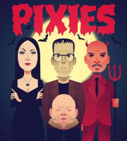 Illustration features Pixies band members as Halloween monsters against moonlit night sky with bats, Frankenstein, devil, and headless man.