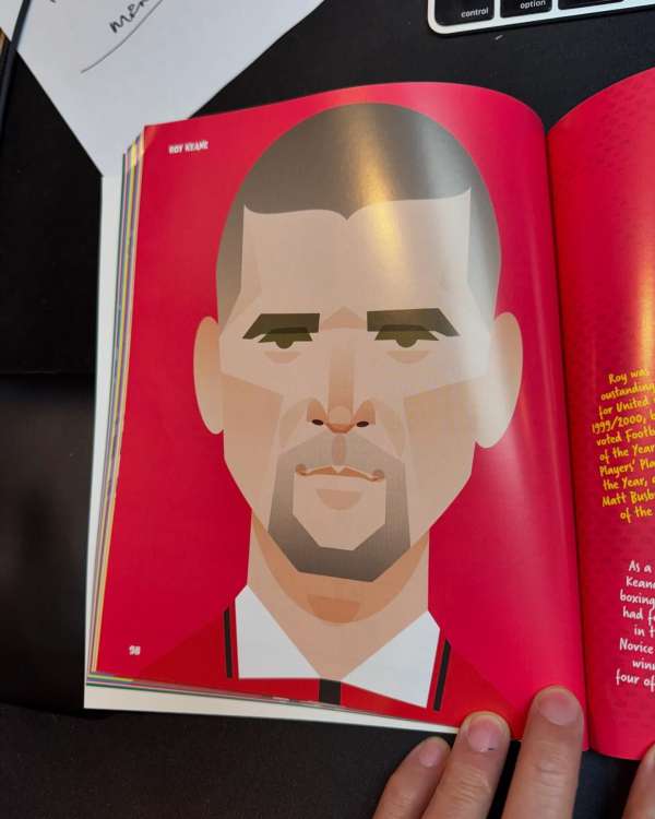 Illustration of soccer player Roy Keane, rendered in geometric shapes with a red background, from a book.