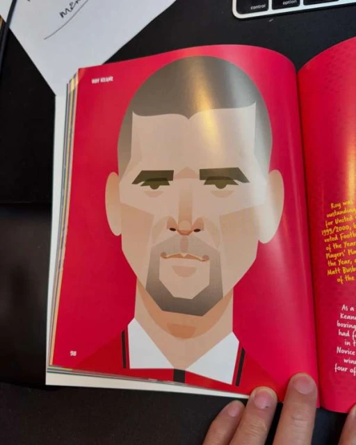 Illustration of soccer player Roy Keane, rendered in geometric shapes with a red background, from a book.