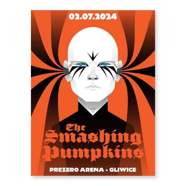 Concert poster featuring stylized illustration of a bald person with dark makeup, set against an orange background with radiating black stripes.