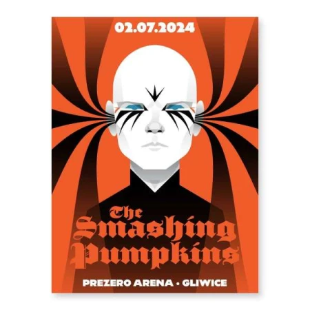 Concert poster featuring stylized illustration of a bald person with dark makeup, set against an orange background with radiating black stripes.