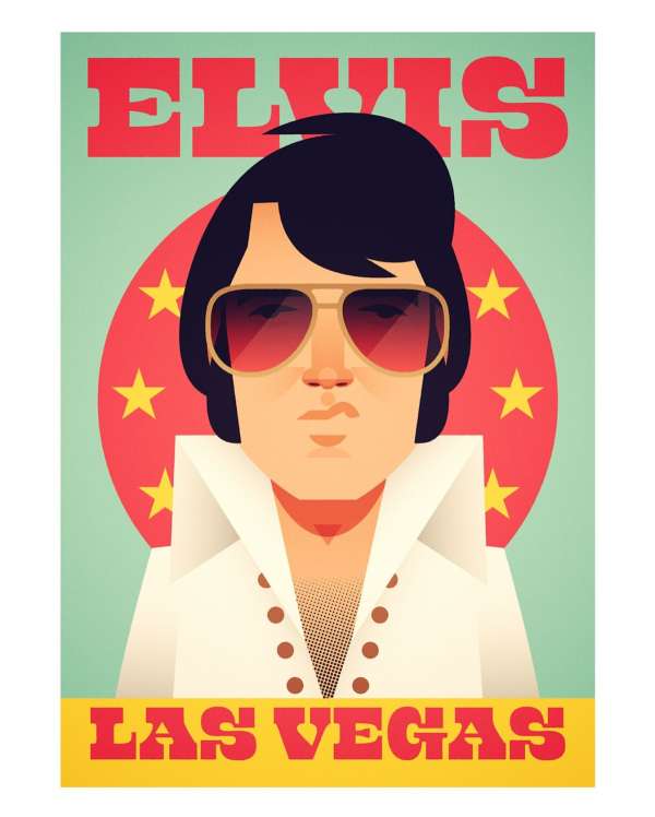Illustration of Elvis Presley in Las Vegas, wearing sunglasses and a white suit, with a red circle and yellow stars on a green background.