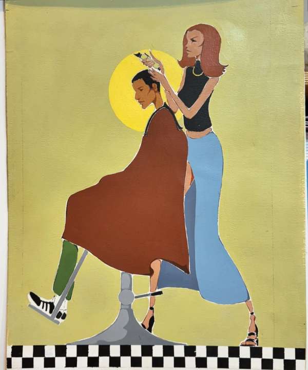 Illustration of a woman in a blue skirt cutting a man's hair who is seated in a barber chair, set against a pale yellow background.