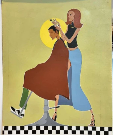 Illustration of a woman in a blue skirt cutting a man's hair who is seated in a barber chair, set against a pale yellow background.