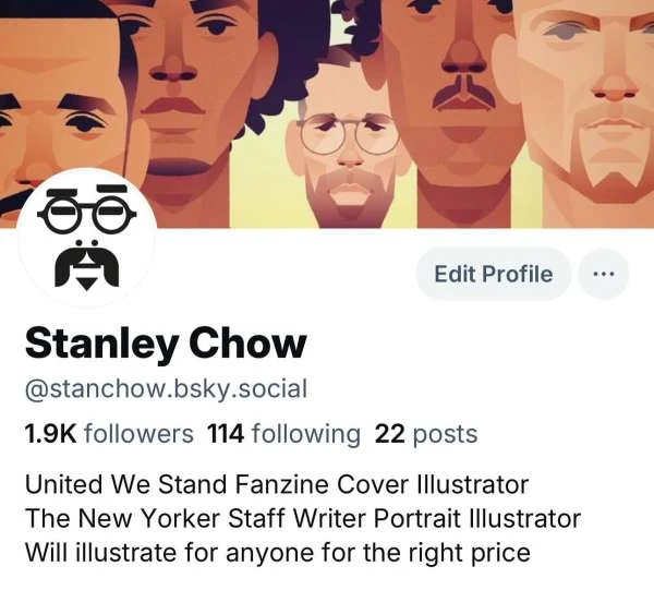Illustration of diverse faces and a portrait logo of Stanley Chow with text details about the illustrator and his social media presence.