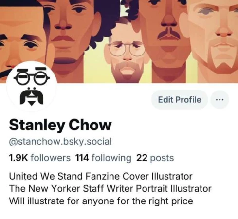 Illustration of diverse faces and a portrait logo of Stanley Chow with text details about the illustrator and his social media presence.