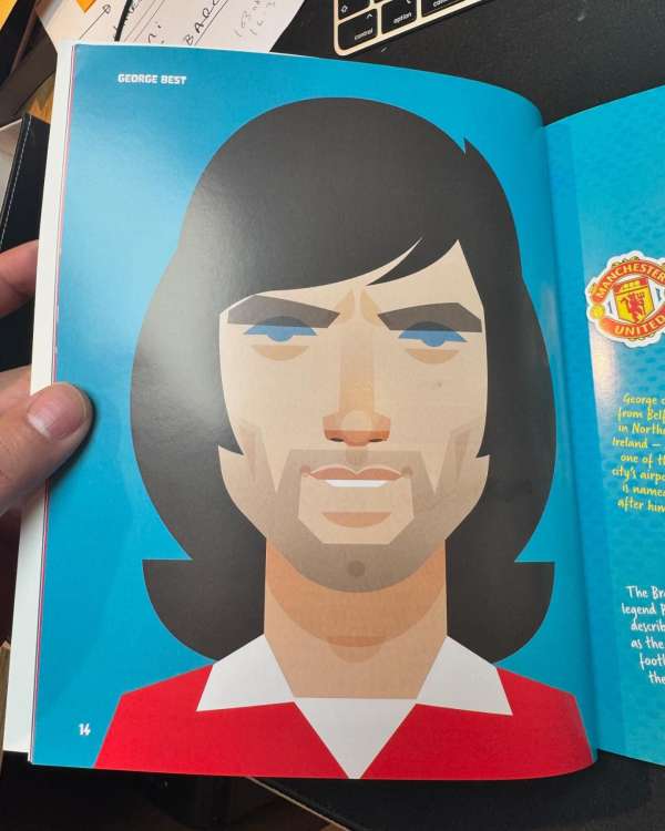Illustration of George Best, the Northern Irish football legend, in an open book. The image features an geometric design with a red jersey.