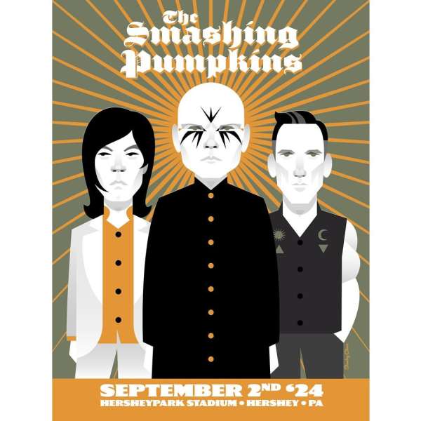 Illustrated poster of The Smashing Pumpkins band members against radiating sunburst background, promoting a concert in Hershey, PA.